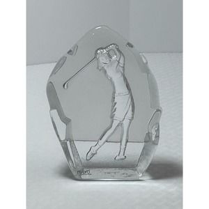 Nybro Sweden Crystal Etched, Female Golfer 6.5” Inches Tall Paper Weight